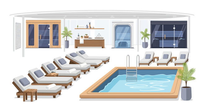 Luxurious Indoor Swimming Pool Area with Loungers and Modern Design Elements.