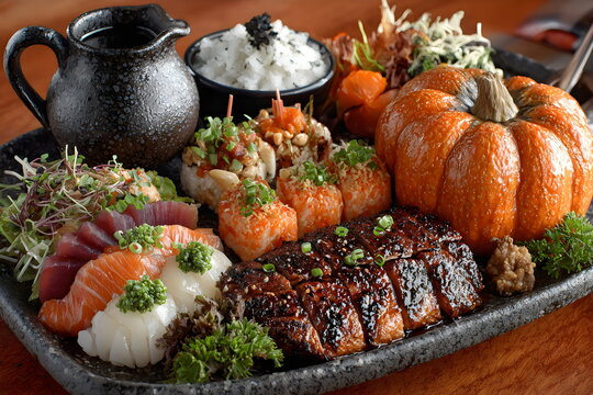 Delicious sushi platter featuring fresh fish, grilled steak, and seasonal vegetables served in a traditional setting