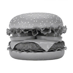 Halftone dotted illustration of a burger isolated on white background, showing layers of bun, lettuce, cheese, and patty in retro pop art style