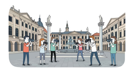 Illustrated Tourists Capturing City Square Architecture with Cameras. © wong