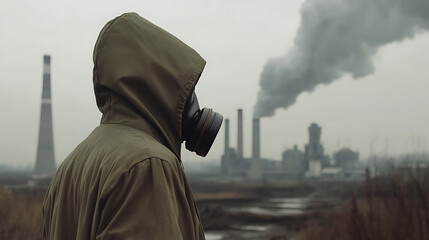 Person in gas mask overlooking industrial landscape with heavy pollution, evoking themes of environmental damage and survival.