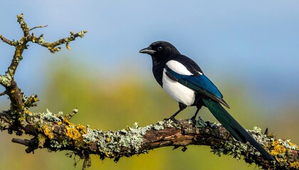 A black and white bird, with a long tail and a teal wing flash, perched on a lichen-covered branch. Soft background
