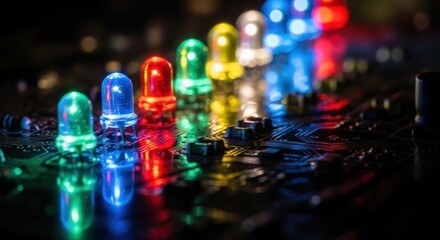Vibrant Rainbow LEDs Illuminate Circuit Board with Reflective Glow