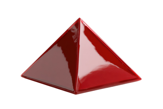 A sleek, vibrant red pyramid with a glossy finish stands out against a stark transparent background, showcasing its sharp geometric form and reflective surfaces. background removed