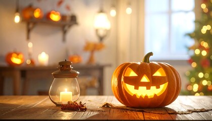 Fototapeta premium A carved pumpkin glows on a table next to a lit lantern and candlelight in a cozy, festive interior