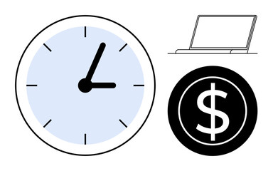 Clock for time, dollar symbol for income, and laptop for work. Ideal for time management, productivity, business efficiency, budgeting, freelancing, financial planning simple flat metaphor