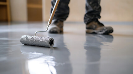 Applying a grey epoxy coating to a floor with a paint roller, creating a smooth, shiny surface. A practical and aesthetic renovation process.