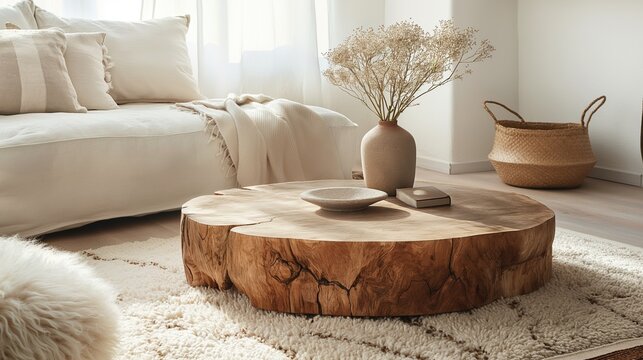 A round burl wood coffee table sits in a cozy gallery interior. The warm wood grain contrasts with soft textiles and a simple vase of dried flowers.