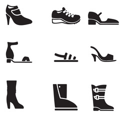 Women's shoes icons set. Black silhouettes. Vector illustration