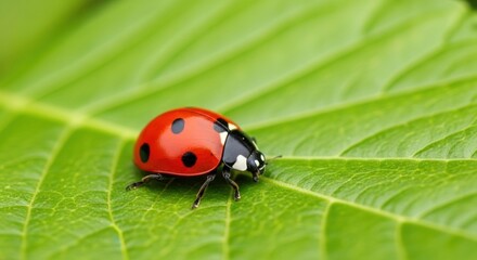 Fototapeta premium Vibrant Red Ladybug with Black Spots Crawling on a Lush Green Leaf