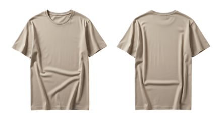 Front and back view of a plain beige shortsleeved tshirt isolated on transparent background