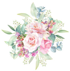 Pink rose bouquet, watercolor border, wedding frames, eucalyptus