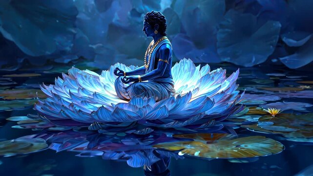 Vishnu sitting in meditation on a water lotus, reflections glowing in deep blue water, fantasy realism style, peaceful divine energy