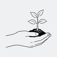 Silhouette hand holding small plant sprout growing from soil vector illustration