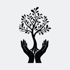 Silhouette hands holding and supporting a tree trunk vector illustration