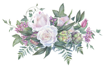 Watercolor white rose wedding border, floral PNG frame, engagement invitation graphics, lavender flowers, artichoke 