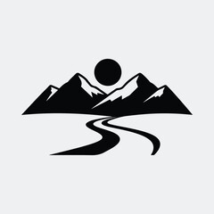 Silhouette mountain landscape with winding road and sun vector illustration
