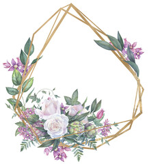 Watercolor white rose wedding border, floral PNG frame, engagement invitation graphics, lavender flowers, artichoke 