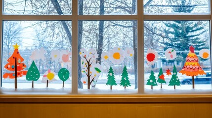 Colorful paper decorations create a festive winter wonderland scene on a window during the holiday season