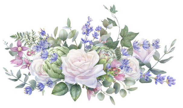 Watercolor white rose wedding border, floral PNG frame, engagement invitation graphics, lavender flowers, artichoke - Powered by Adobe