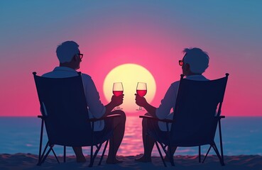 Two older adults sit beach chairs, watching glorious romantic sunset over vast ocean water. Hold red wine glasses. Couple enjoys peaceful evening at serene sea shore, enjoying tropical vacation.