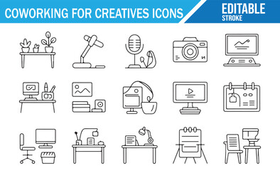Set of Creative Coworking Icons – Minimalist Illustrations for Office Workspaces and Tools