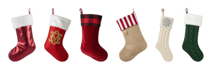 Christmas stockings set including red satin, felt, plaid, burlap, knit, and monogrammed styles isolated. Festive holiday decor collection.