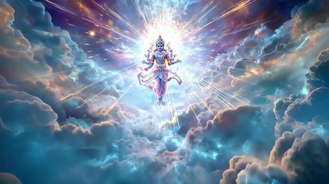 A celestial portrait of vishnu descending through clouds of light, with radiant energy beams and cosmic waves, fantasy divine scene