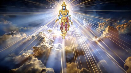 A celestial portrait of vishnu descending through clouds of light, with radiant energy beams and cosmic waves, fantasy divine scene - Powered by Adobe