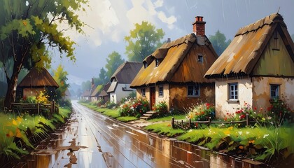 Rustic Village Lane Painting.