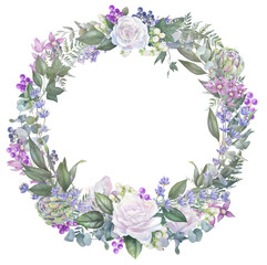 Watercolor white rose wedding wreath, floral PNG frame, engagement invitation graphics, lavender flowers, artichoke 