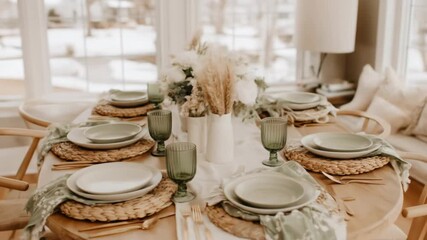 A beautifully set dining table, showcasing a serene, lighthearted ambiance with muted green and neutral tones, ideal for a cozy gathering.