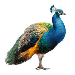 Fototapeta premium Vibrant peacock with iridescent blue head, neck, and striking green, golden, and patterned body feathers, beautifully isolated on a transparent background. background removed