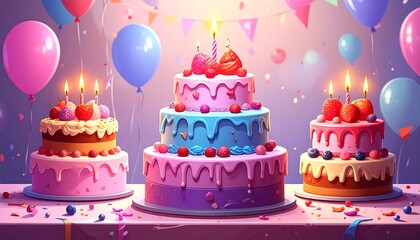 A cheerful, digitally rendered celebration scene. Features three tiered cakes adorned with berries and lit candles, balloons, and streamers