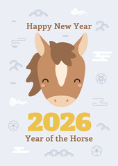 2026 Chinese Lunar New Year cute cartoon horse, clouds, plum blossoms, abstract elements, typography. Flat vector illustration. Zodiac sign, animal character. CNY, Seollal, Tet holiday elements, card
