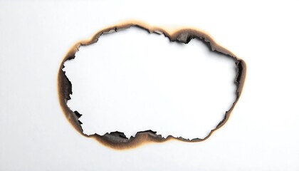 A close-up image of a white paper sheet featuring an oval-shaped burn hole outlined by charred edges, set against a white backdrop