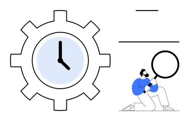 Clock within a gear symbolizing time management, man holding magnifying glass. Ideal for productivity, planning, analysis, focus, optimization, organization efficiency. A simple flat metaphor
