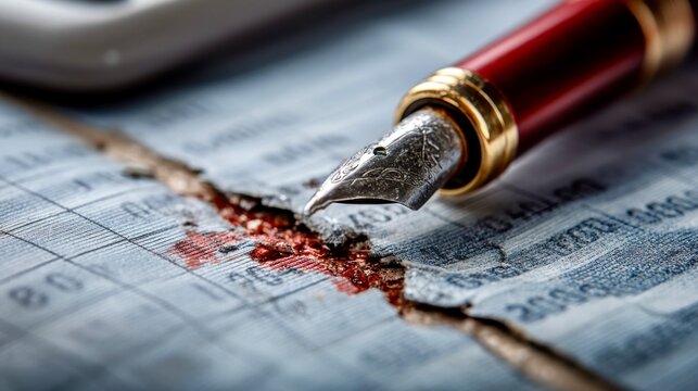 Close-up of a vintage fountain pen resting on torn financial documents, capturing the essence of writing and investment legacy in a timeless manner