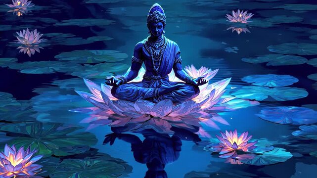Vishnu sitting in meditation on a water lotus, reflections glowing in deep blue water, fantasy realism style, peaceful divine energy