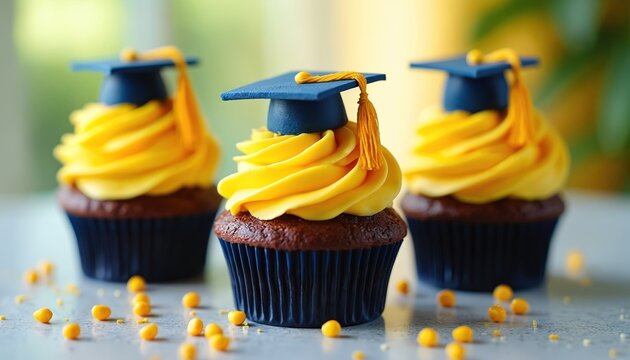 Three cupcakes with graduation caps sit on a table. Yellow frosting and cap decorations are on treats. Celebration dessert is for graduation. Tasty snacks symbolize accomplishment and future success.