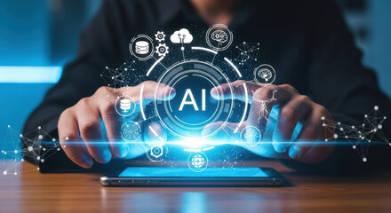 AI Technology Concept with Holographic Interface A Futuristic Depiction of Artificial Intelligence and Digital Transformation Showcasing Innovation and Connectivity