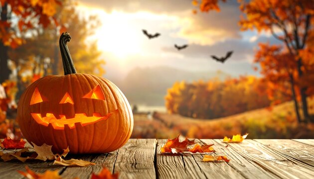 A carved pumpkin with a happy face sits on a rustic wooden table, autumn leaves scattered. Bats fly in the sunset