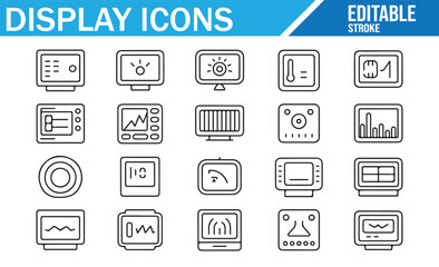 Clean outline icons for TV screens, graphs, and digital interfaces.
