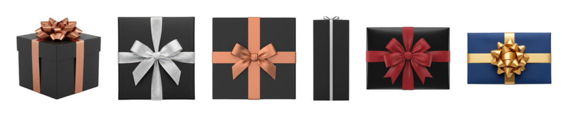 Gift box set including black, blue, rose gold, silver, red, and gold ribbons isolated. Holiday, celebration, and premium present collection.