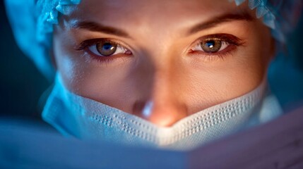 Healthcare professional carefully examining a document in a clinical setting, showcasing attention to detail and commitment to patient care after hours