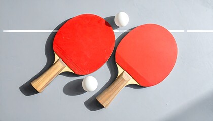 Ping Pong Rackets and Balls on Gray Table.