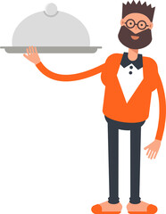 Beard Man in Orange Suit Character Holding Food Dish
