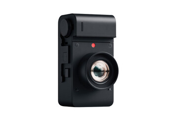 Sleek black compact camera with a prominent lens, red indicator light, and side controls, presented on a dark background. background removed