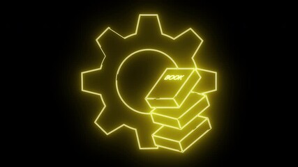 Yellow neon outline of stacked books  gear on black background - Powered by Adobe