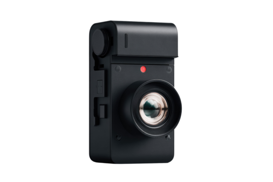 Sleek black compact camera with a prominent lens, red indicator light, and side controls, presented on a dark background. background removed